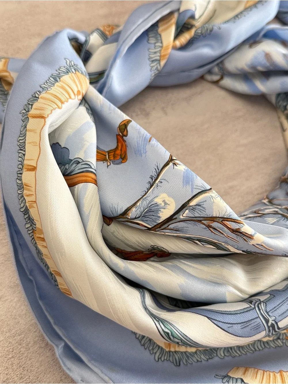 Hermes Blue, Cream and Orange Silk Scarf — Winter Sleigh Tableau